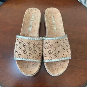 Jack Rogers Cork Espadrille Sandals with Gold Leather Whipstitch Trim - EUC